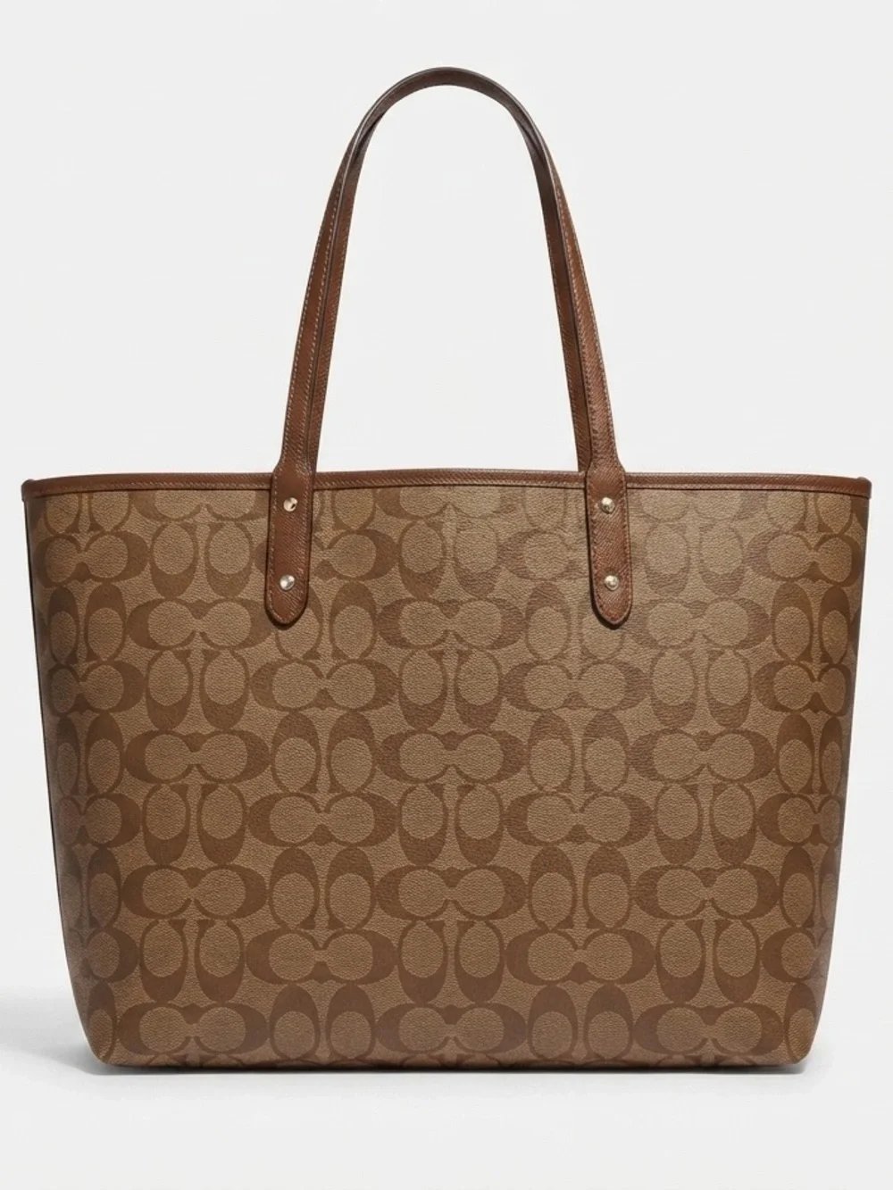Coach Reversible City Tote in Signature Canvas Khaki Saddle Brown with pouch